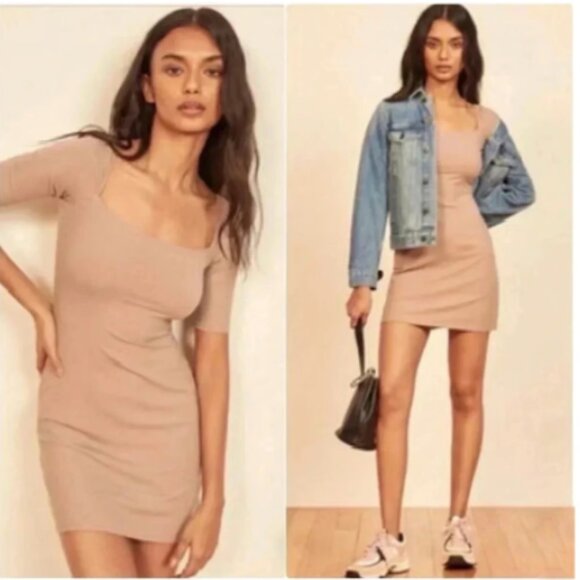 NWOT Reformation Sarita Dress Ribbed Square Neck Mini Dress in Sand, sz Small - Picture 2 of 6